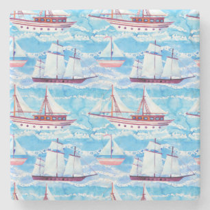 Watercolor Sailing Ships Pattern Stone Coaster