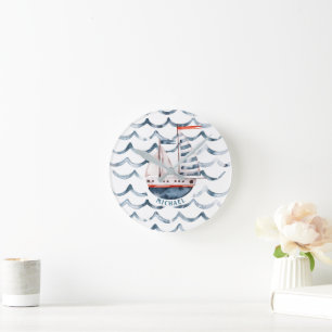Watercolor Sailor Red And Blue Monogram Round Clock