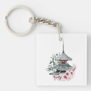 Watercolor Sakura Blossom Bamboo Japanese Temple Keychain