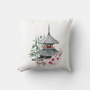 Watercolor Sakura Blossom Bamboo Japanese Temple Throw Pillow