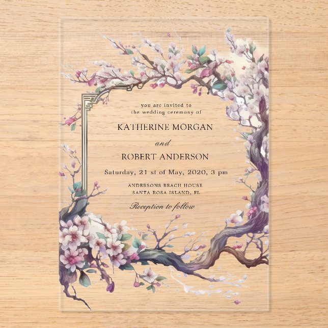 Watercolor Sakura Cherry Flower Wedding Acrylic Invitations (Front)