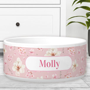 Watercolor Sakura Floral Pattern Name Pet Bowl