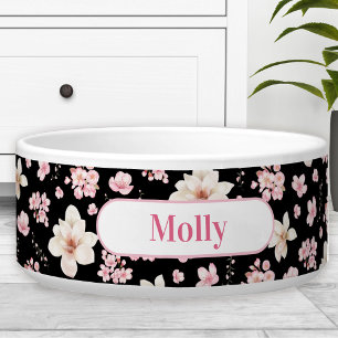 Watercolor Sakura Floral Pattern Name Pet Bowl