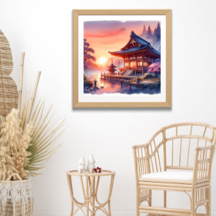 Watercolor Sakura Japanese Temple in Sunset  Poster