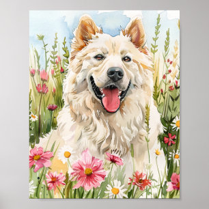 Watercolor Samoyed Portrait with Pink Flowers Poster
