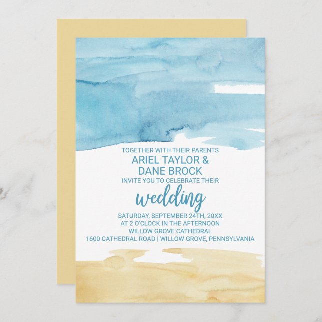 Watercolor Sand and Sea Wedding Invitation (Front/Back)
