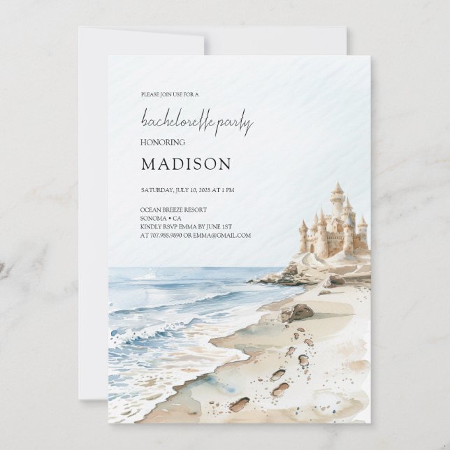 Watercolor Sand Castle Beach Bachelorette Party Invitation (Front)