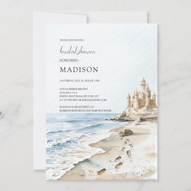 Watercolor Sand Castle Beach Bridal Shower Invitation (Front)