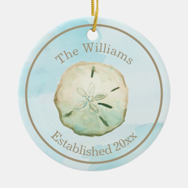 Watercolor Sand Dollar Beach Name & Anniversary Ceramic Ornament (Front)