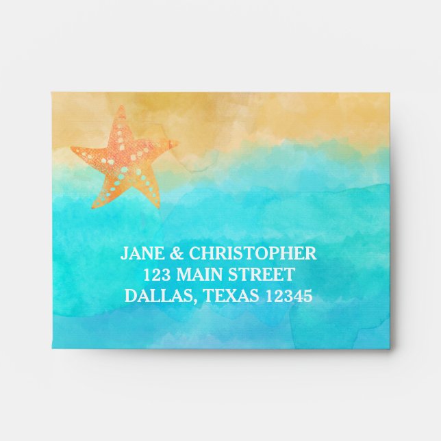 Watercolor Sand Turquoise & Starfish RSVP Envelopes (Front)