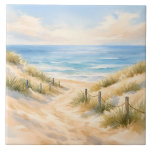Watercolor Sandy Beach and Ocean Illustration Tile