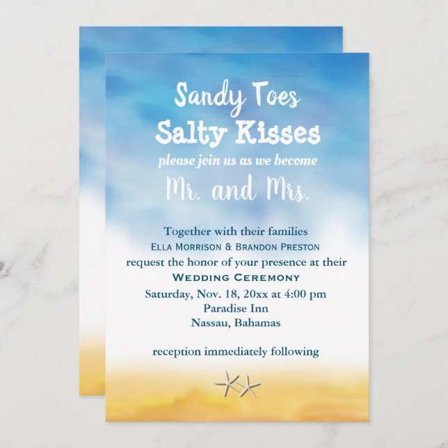 Watercolor Sandy Toes Wedding Invite - sky & sand (Front/Back)