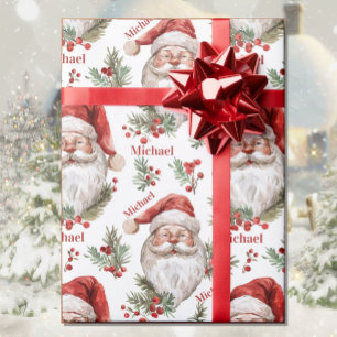 Watercolor Santa Add Name Christmas Cottage Wrapping Paper