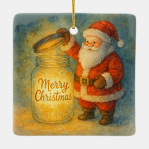 Watercolor Santa Christmas Glowing Jar Holiday  Ceramic Ornament