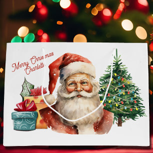 Watercolor Santa Claus Add Name Cute Large Gift Bag