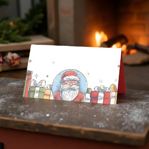 Watercolor Santa Claus and Christmas Gifts Place Card
