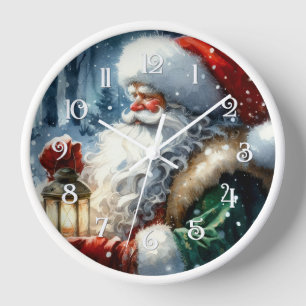 Watercolor Santa Claus Christmas Snow Forest Clock