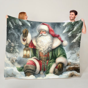 Watercolor Santa Claus Christmas Snow Forest Fleece Blanket