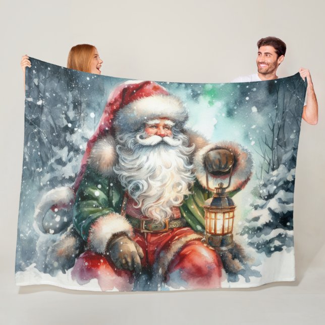 Watercolor Santa Claus Christmas Snow Forest Fleece Blanket (In Situ)