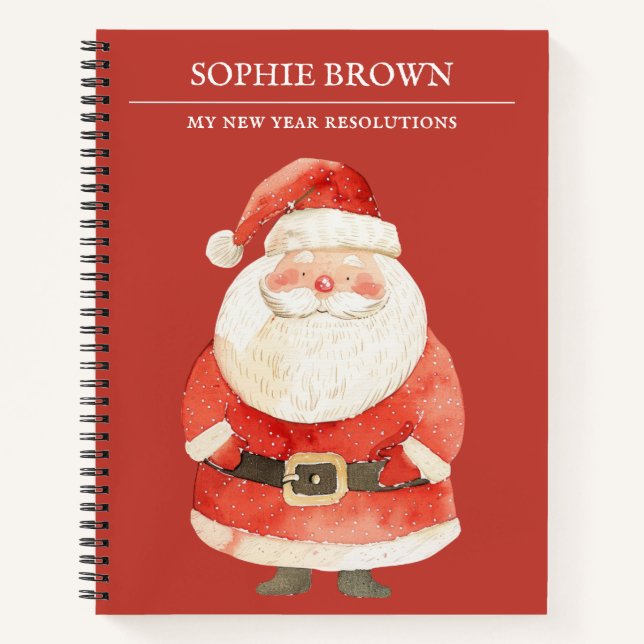 Watercolor Santa Claus "My New Year Resolutions" Notebook (Front)