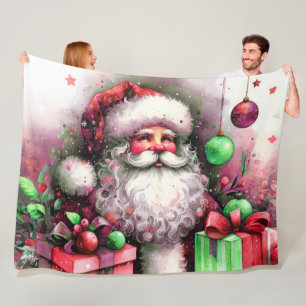 Watercolor Santa Claus Red Green Christmas Fleece Blanket