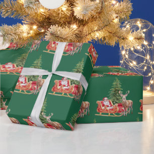 Watercolor Santa Claus, Reindeer Green Christmas  Wrapping Paper