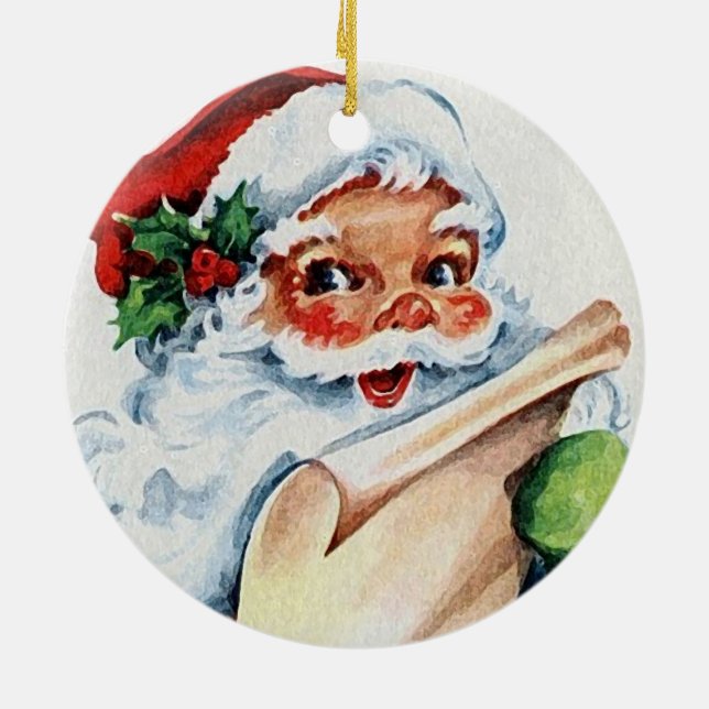 Watercolor Santa Claus & White Deer Antlers Ceramic Ornament (Back)