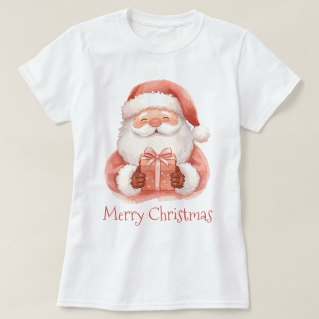 Watercolor Santa Clause With Gift Custom T-Shirt (Design Front)