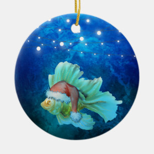 Watercolor Santa Gold Fish and Lights Ceramic Ornament