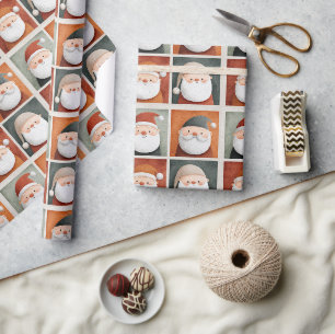 Watercolor Santa Grid in Bold Colours Wrapping Paper