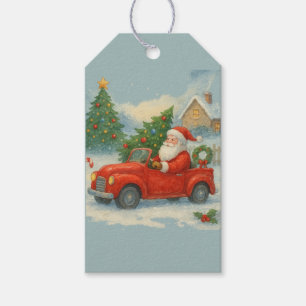 Watercolor Santa in Red Car Vintage Christmas Gift Tags