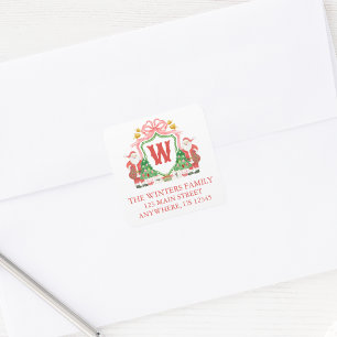 Watercolor Santa Monogram Crest Address Square Sticker