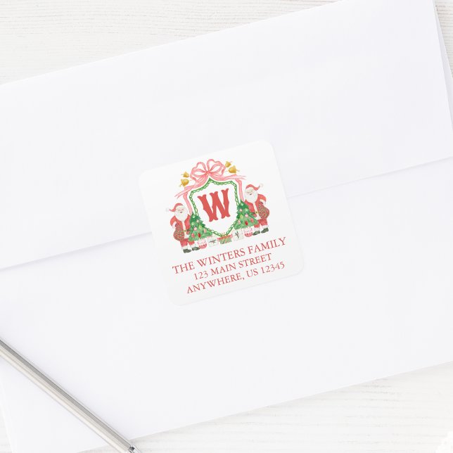 Watercolor Santa Monogram Crest Address Square Sticker (Creator Uploaded)