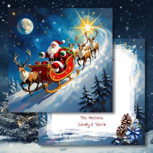 Watercolor Santa on a Sleigh Christmas Holiday Card