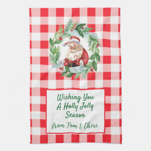 Watercolor Santa Red Check Jolly Christmas Kitchen Towel
