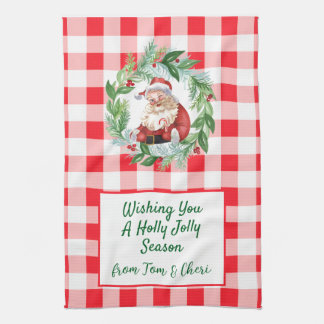 Watercolor Santa Red Check Jolly Christmas Kitchen Towel