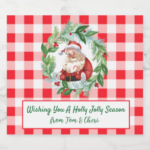 Watercolor Santa Red Check Jolly Christmas LG Liquor Bottle Label