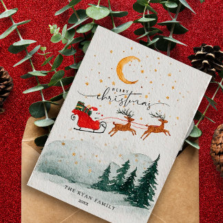 Watercolor Santa Sleigh Reindeer Christmas Holiday Card