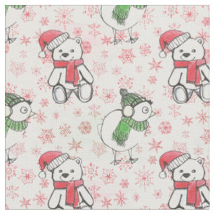 Watercolor santa teddy bear and birdie Christmas Fabric