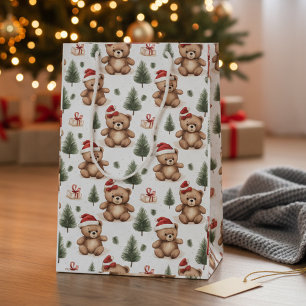 Watercolor Santa Teddy Bear & Pine Tree Christmas  Medium Gift Bag