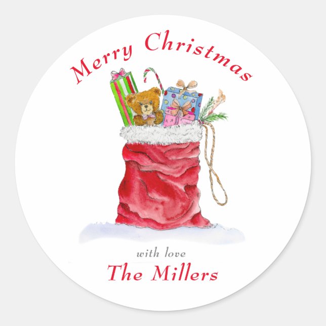 Watercolor Santa's Gift Bag Christmas Classic Round Sticker (Front)