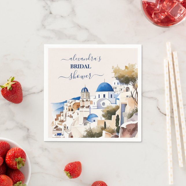 Watercolor Santorini Destination Bridal Napkin (Insitu)