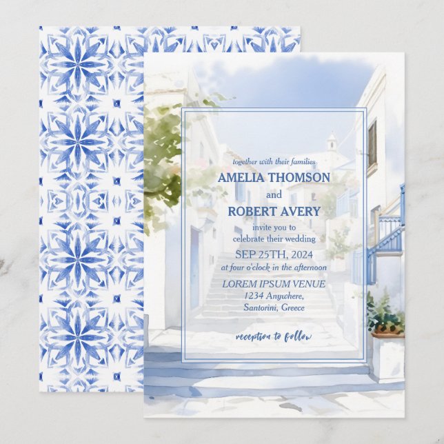 Watercolor Santorini Destination Greece Wedding Invitation (Front/Back)