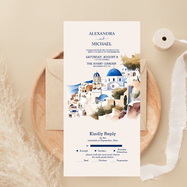 Watercolor Santorini Destination Wedding All In One Invitation (Creator Uploaded)