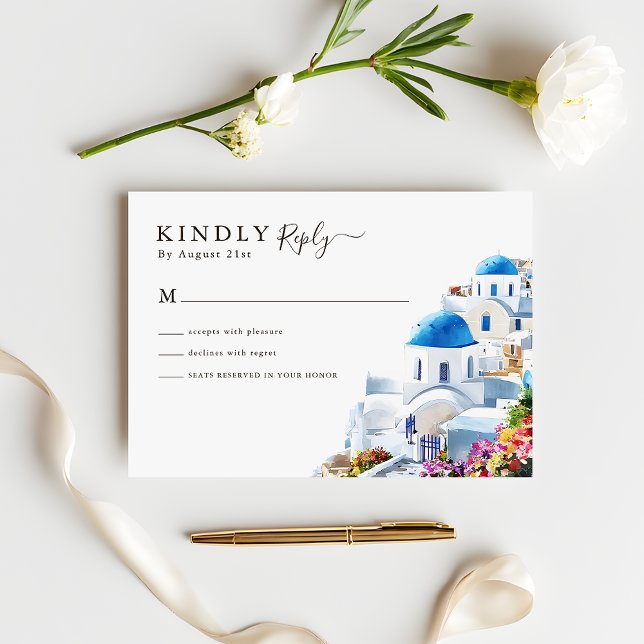 Watercolor Santorini  Destination Wedding RSVP Card (Creator Uploaded)