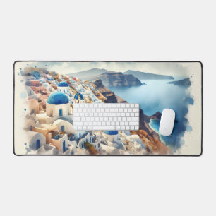 Watercolor Santorini Greece Blue and White Desk Mat