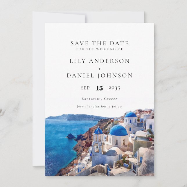 Watercolor Santorini Greece Destination Wedding Save The Date (Front)