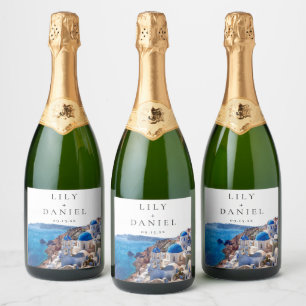 Watercolor Santorini Greece Destination Wedding Sparkling Wine Label