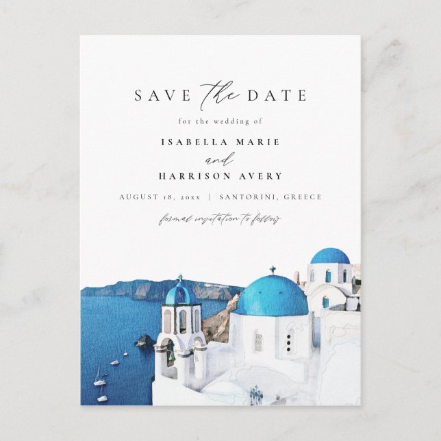 Watercolor Santorini Greece Skyline Save the Date Postcard (Front)