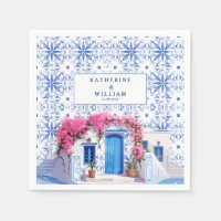 Watercolor Santorini Greece wedding blue and white